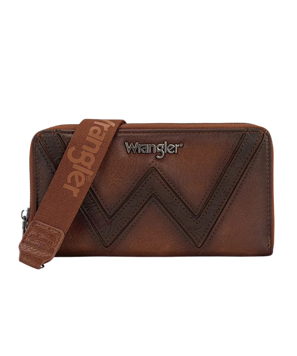Front view of the women's brown faux leather Wrangler wristlet wallet featuring the chevron logo detailing and full zip around closure