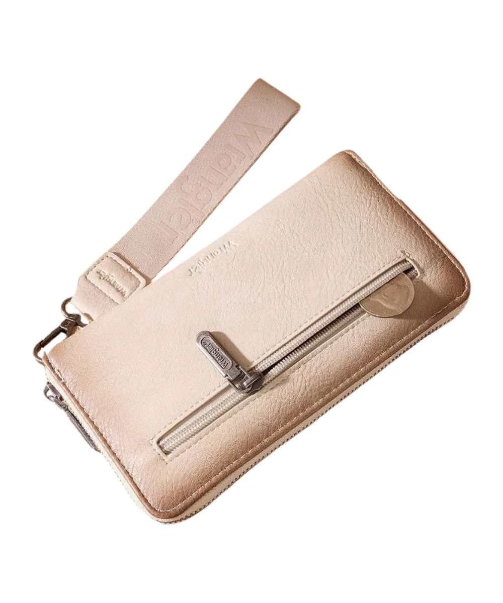 Back view of the women's tan faux leather wristlet wallet featuring the back zipper pocket