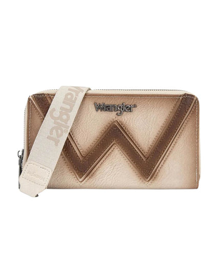 Front view of the women's tan Wrangler wristlet wallet featuring the front chevron detailing, wristlet strap, and Wrangler logos