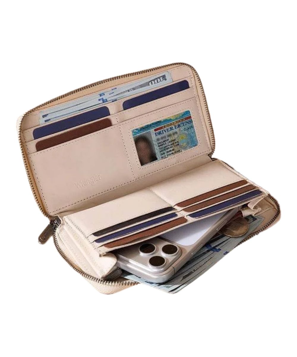 Interior view of the women's tan wallet featuring the zip-around closure, id slot, multiple card slots, and a bill compartment