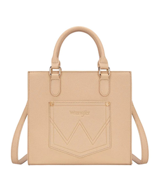 Back view of the women's tan faux leather tote back featuring the double top carry handles, a removable/adjustable crossbody strap, and the open slip pocket on the back