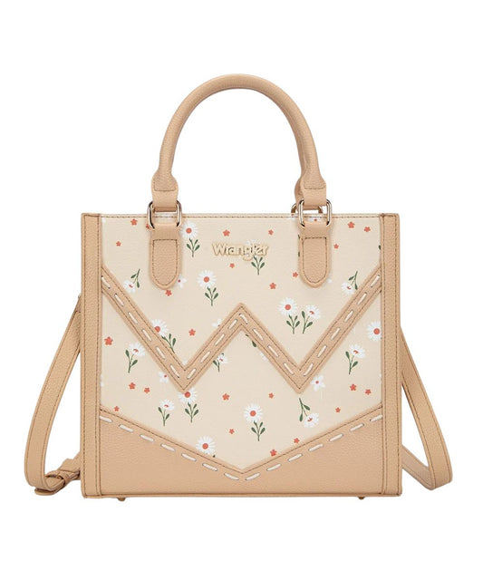 Front view of the women's tan Montana West Wrangler tote bag featuring the soft floral daisy printed front and whipstitch accents