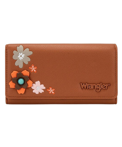 Front view of the women's brown faux leather Wrangler Long Slim Trifold wallet featuring the floral 3D design on the front