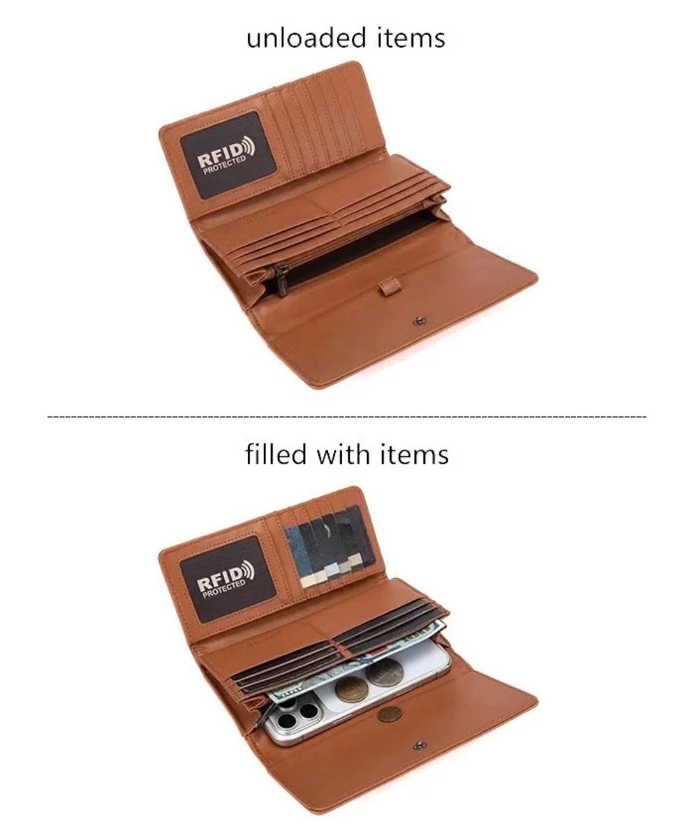 Interior views of unloaded and loaded with items featuring the multiple card slots, RFID protection, ID window, bill compartments, slip compartments, and zipper pocket