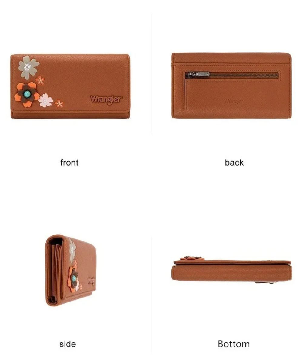 Different views of the women's brown faux leather wallet featuring the front view, back view, side view, and bottom view