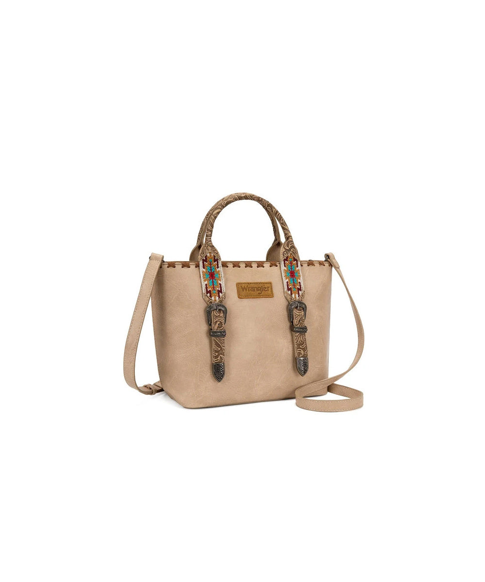Montana West Wrangler Tan Western Tote Bag With Colorful Embroidered Straps, Decorative Buckles And Adjustable Shoulder Strap