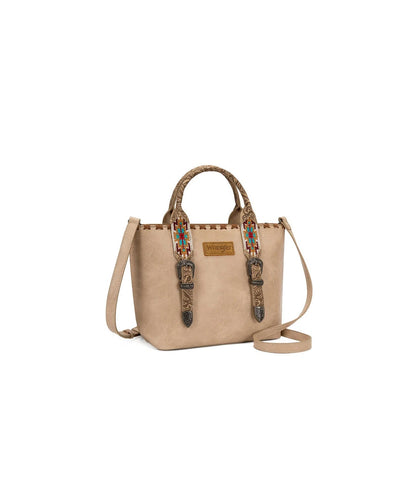 Montana West Wrangler Tan Western Tote Bag With Colorful Embroidered Straps, Decorative Buckles And Adjustable Shoulder Strap