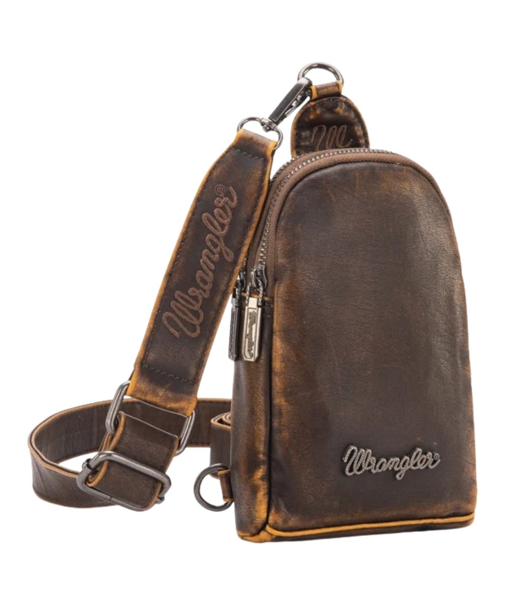Front view of the women's coffee brown faux leather Wrangler sling bag featuring the removable/adjustable crossbody strap