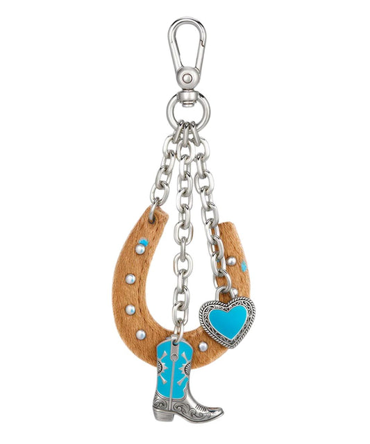 Hair-on hide horseshoe bag charm with turquoise boot and heart accents