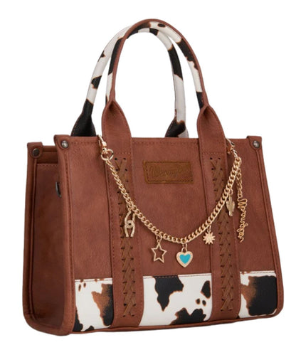 Model view of the light gold multi-charm bag chain modeling on a bag, bag not included.