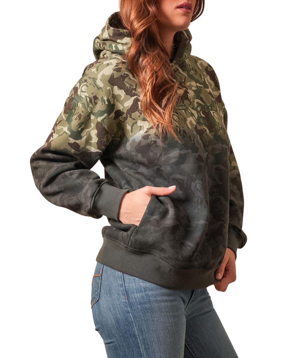 Side view of the women's camouflage Kimes Ranch Hoodie featuring the dip-dyed design, camo print with horses, and a kangaroo pocket