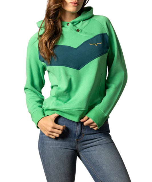 Women's Kelly Green Hooded Sweatshirt With A Criss-Cross Button Placket And Hidden Kangaroo Pocket