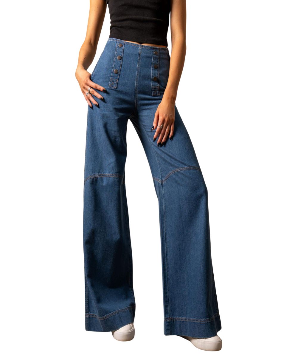 Front view of the women's medium wash Kimes Ranch Indigo Sofie Wide Leg Jean featuring the high rise, faux button plackets on the front panel, side seam hand pockets, accent stitching at the knee, wide leg, and trouser hem