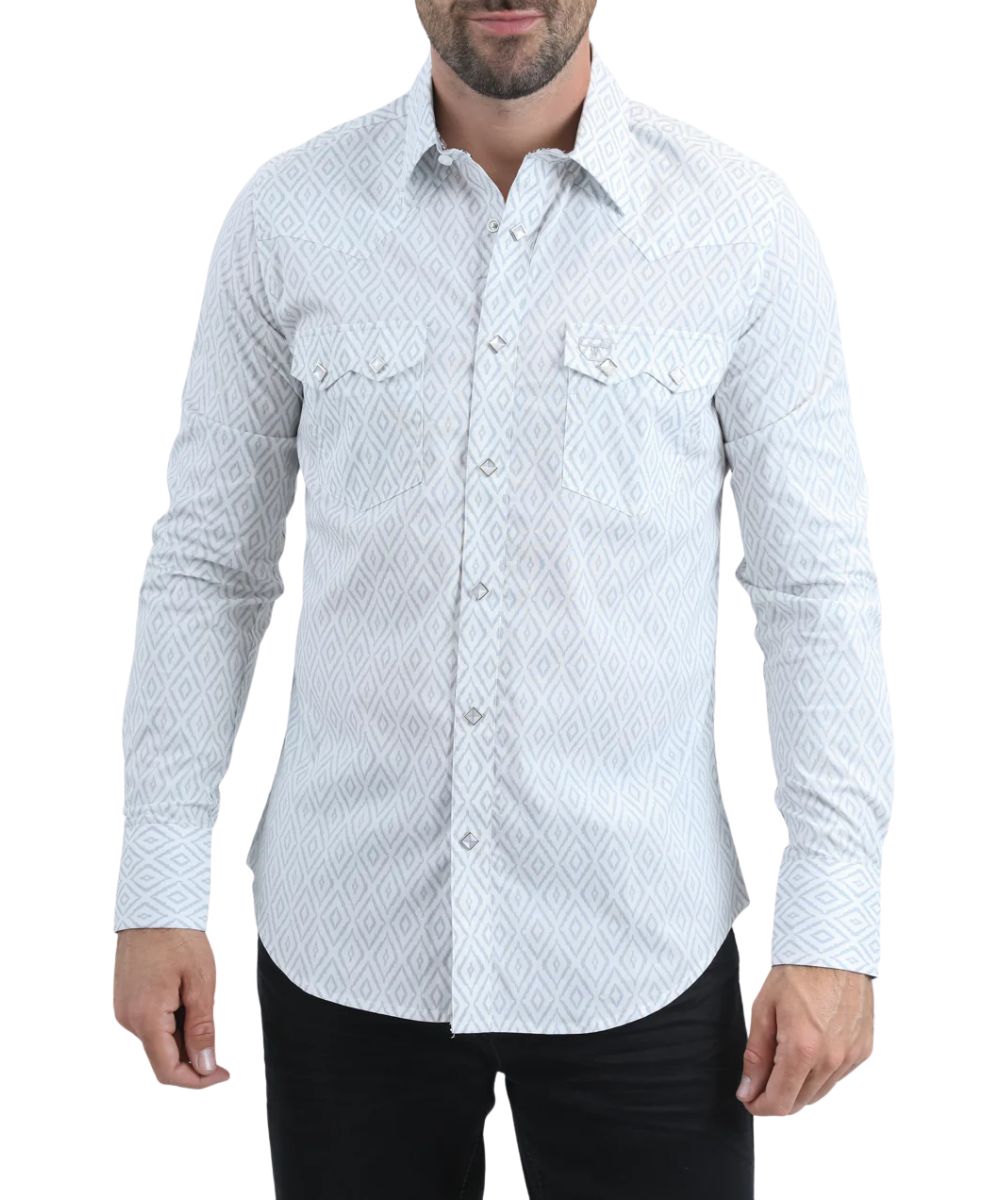 Platini Men's White Geometric Western Snap Shirt