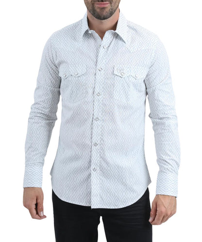 Platini Men's White Geometric Western Snap Shirt