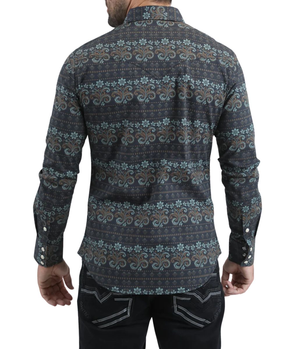 Men's Black Long Sleeve Shirt Featuring A Gold Floral Geometric Print And Western Yokes