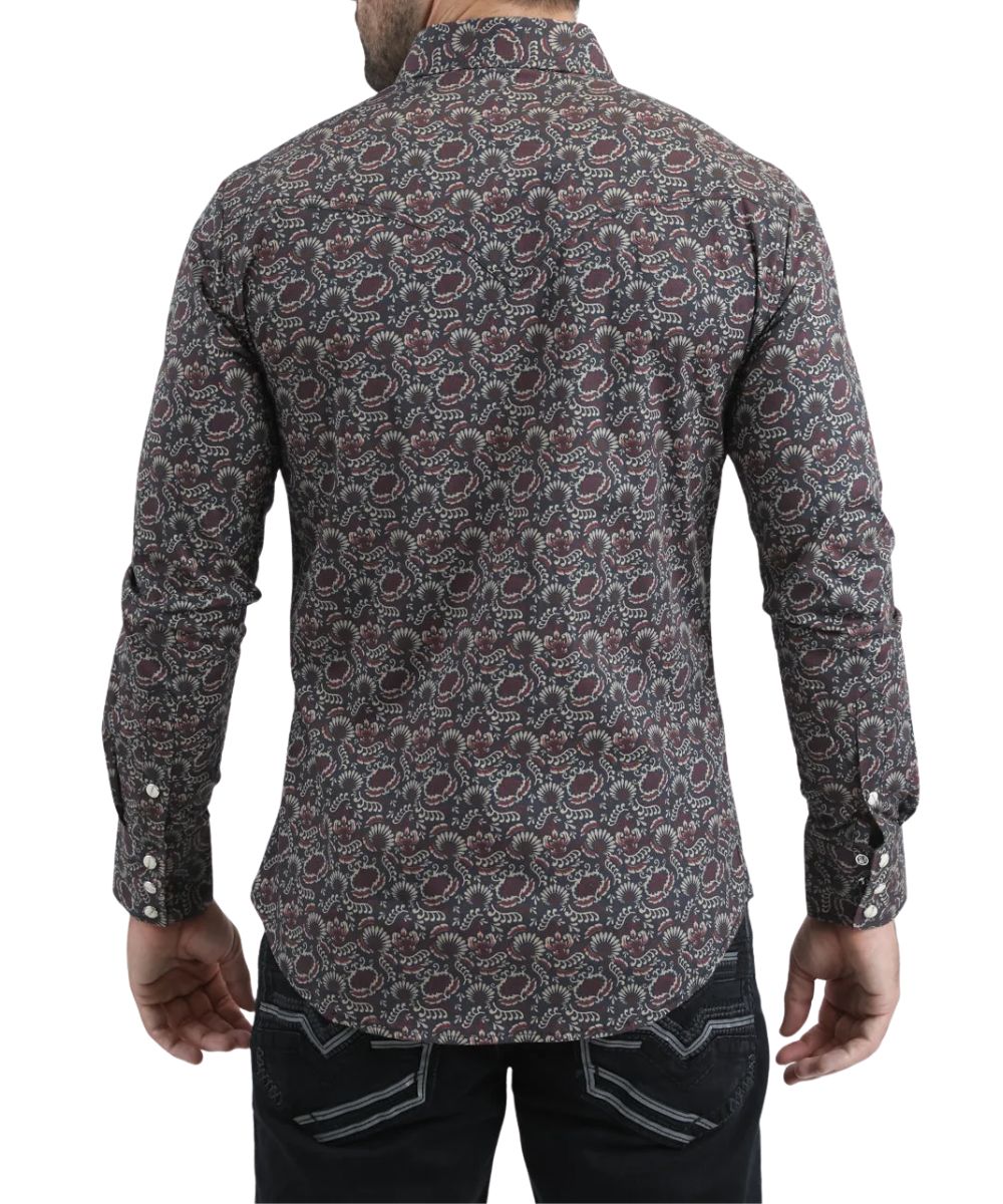 Back view of the men's black long sleeve snap shirt featuring the modern fit and single point western yoke