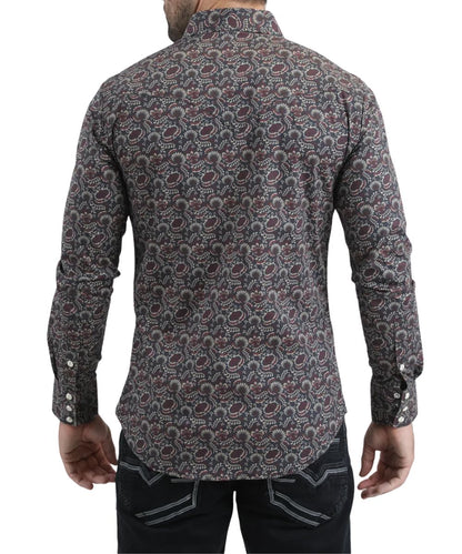 Back view of the men's black long sleeve snap shirt featuring the modern fit and single point western yoke