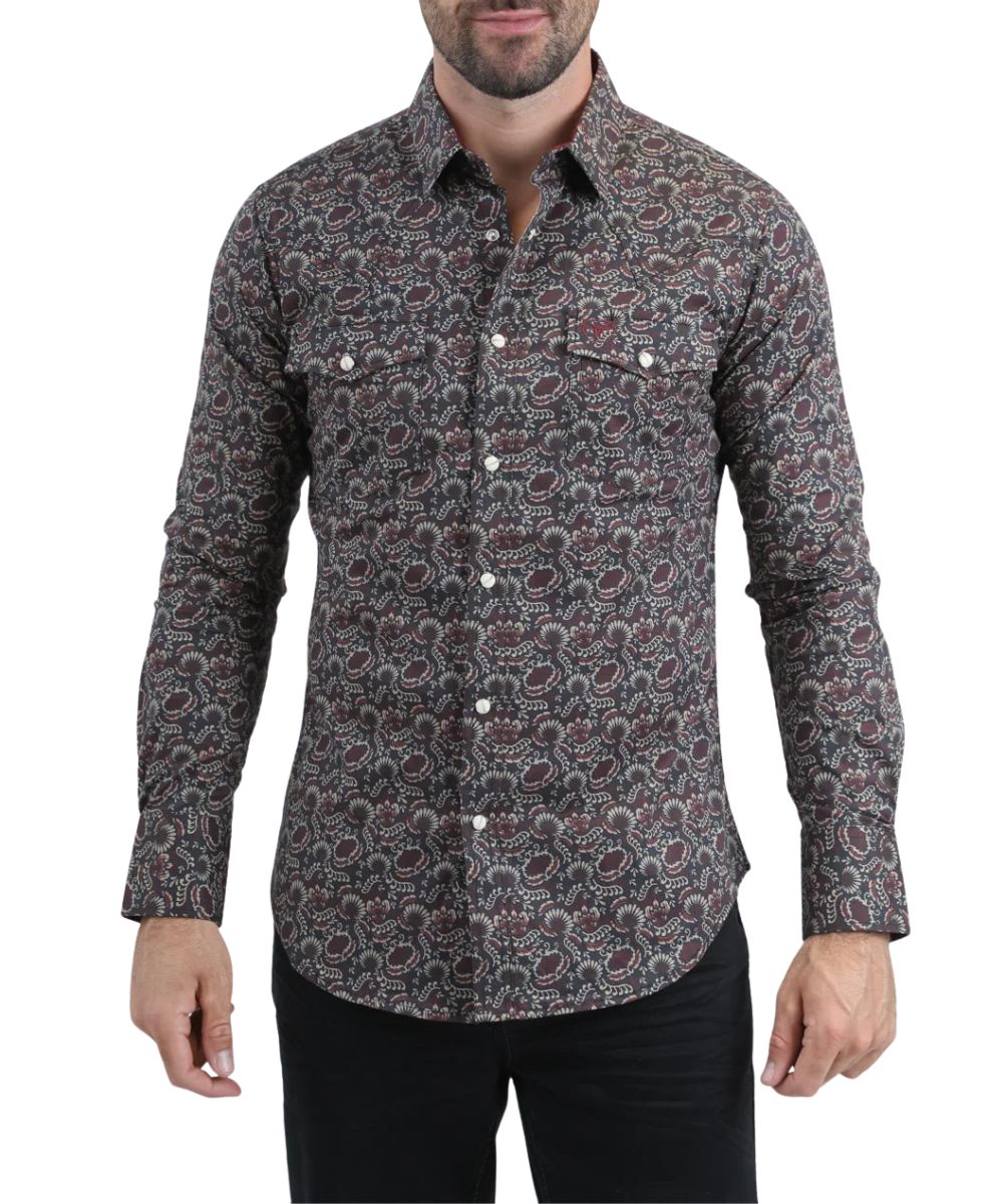 Front view of the men's black Platini long sleeve western snap shirt featuring the chest pockets and leaf diamond botanical print
