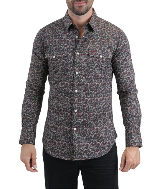 Front view of the men's black Platini long sleeve western snap shirt featuring the chest pockets and leaf diamond botanical print