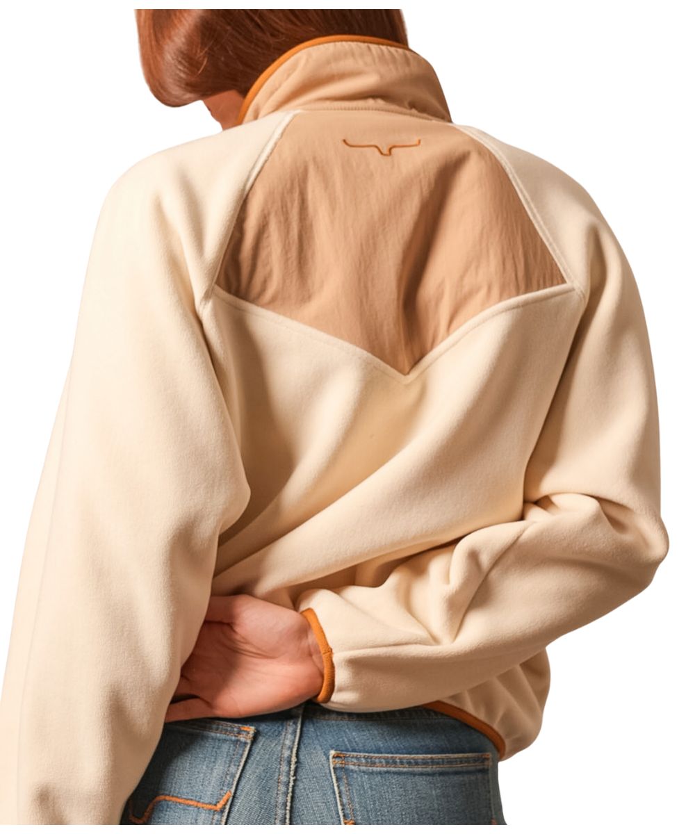 Back view of the women's Kimes pullover featuring the color blocked yoke, fleece construction, and mock neck