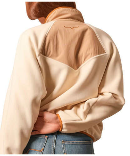 Back view of the women's Kimes pullover featuring the color blocked yoke, fleece construction, and mock neck