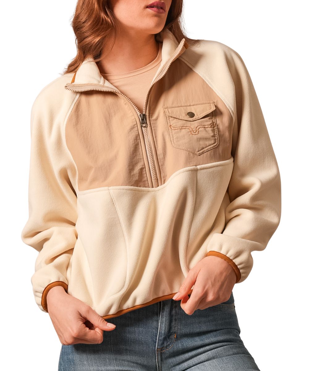 Front view of the women's natural Kimes Ranch 1/2 pullover featuring the mock neck, single snap flap chest pocket with longhorn logo embroidery, color blocked yokes, and contrast elasticized trim