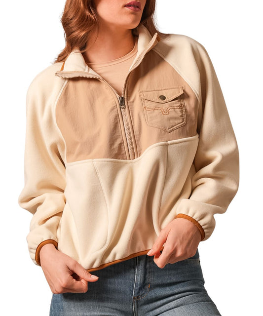 Front view of the women's natural Kimes Ranch 1/2 pullover featuring the mock neck, single snap flap chest pocket with longhorn logo embroidery, color blocked yokes, and contrast elasticized trim
