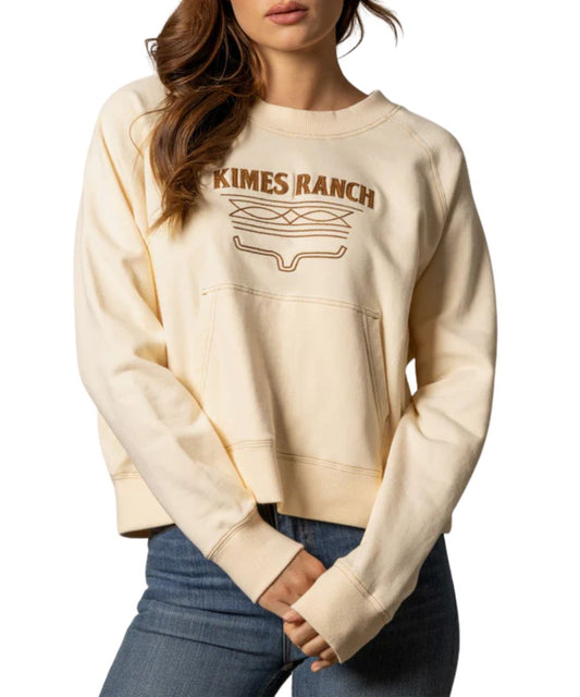 Women's Butter/Beige Crew Sweatshirt Featuring A Boot-Stitch Embroidered Logo And Pouch Pocket On The Front