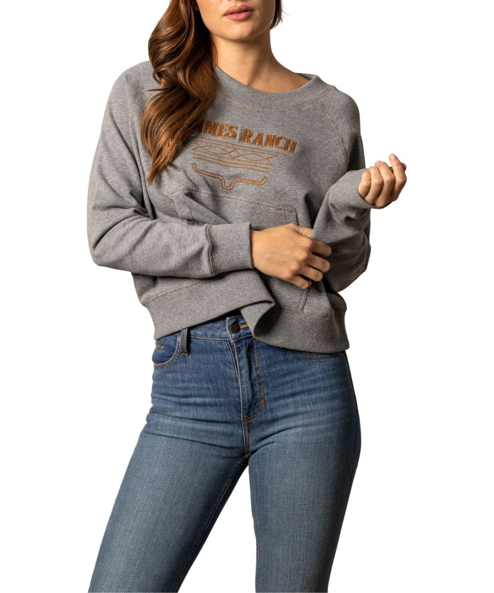Women's Grey Heather Crew Sweatshirt Featuring A Boot-Stitch Embroidered Logo And Pouch Pocket On The Front
