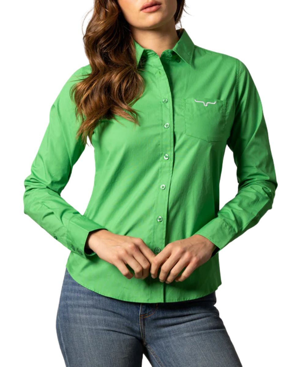Women's Kelly Green Long Sleeve Button Down Shirt With A Single Chest Pocket