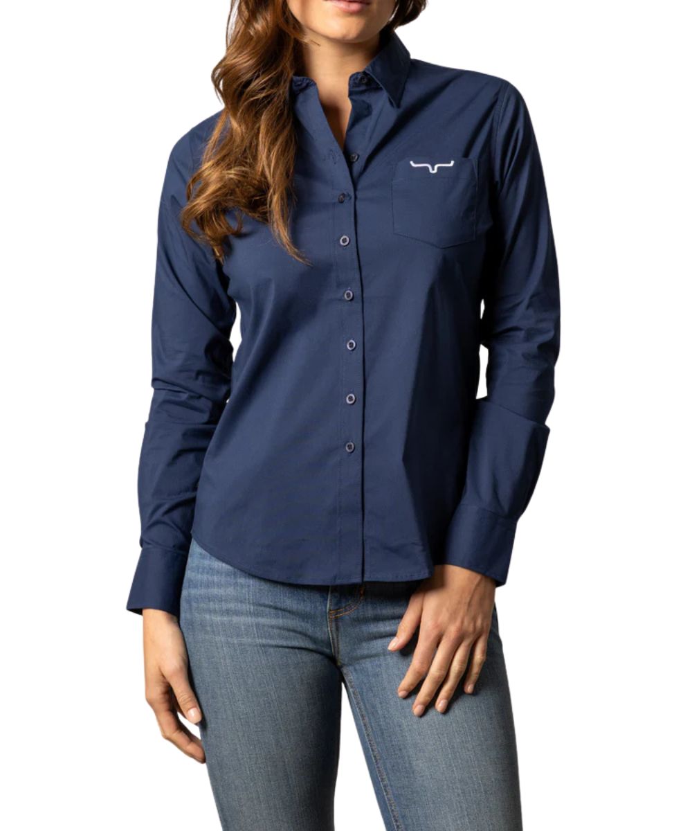 Women's Navy Long Sleeve Button Down Shirt With A Single Chest Pocket