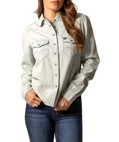 Women's Light Blue Denim Western Snap Shirt Featuring Brass Snaps And Chest Pockets