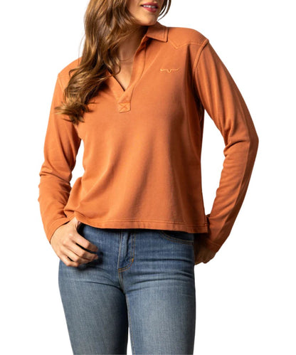 Women's Spice Red Long Sleeve Polo-Style V-Necklined Sweater