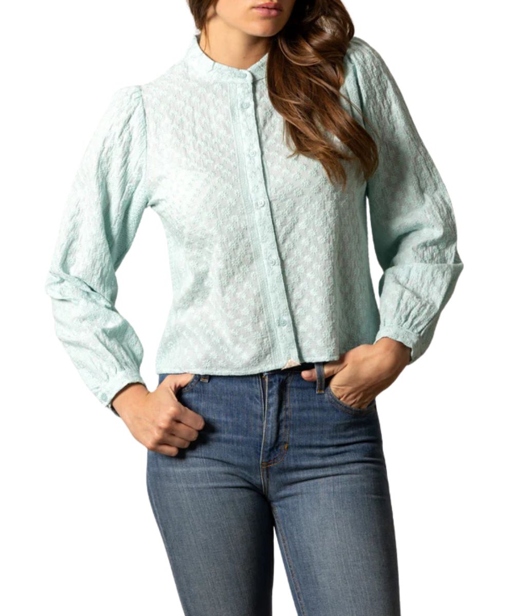 Women's Ice Blue Daisy Printed Button Down Blouse Featuring A Banded Collar And Skimmer Cropped Fit