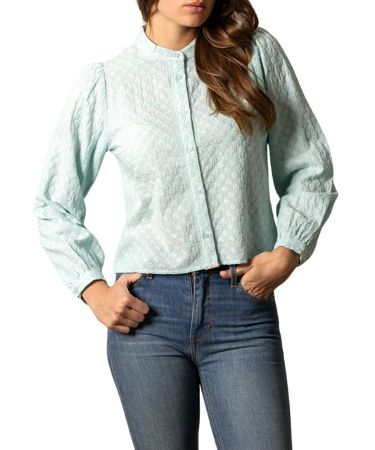 Women's Ice Blue Daisy Printed Button Down Blouse Featuring A Banded Collar And Skimmer Cropped Fit
