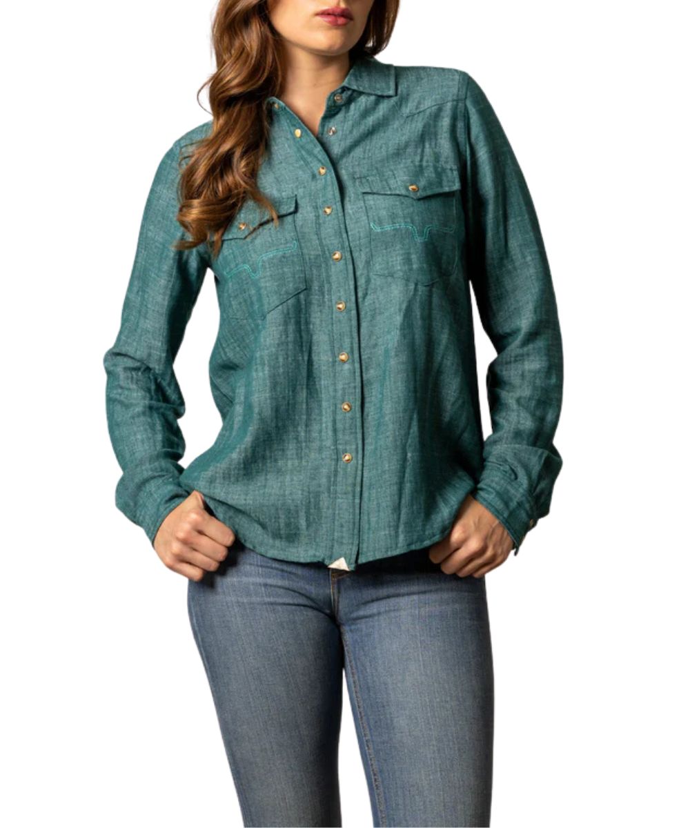 Women's Dark Teal Long Sleeve Western Pearl Snap Shirt