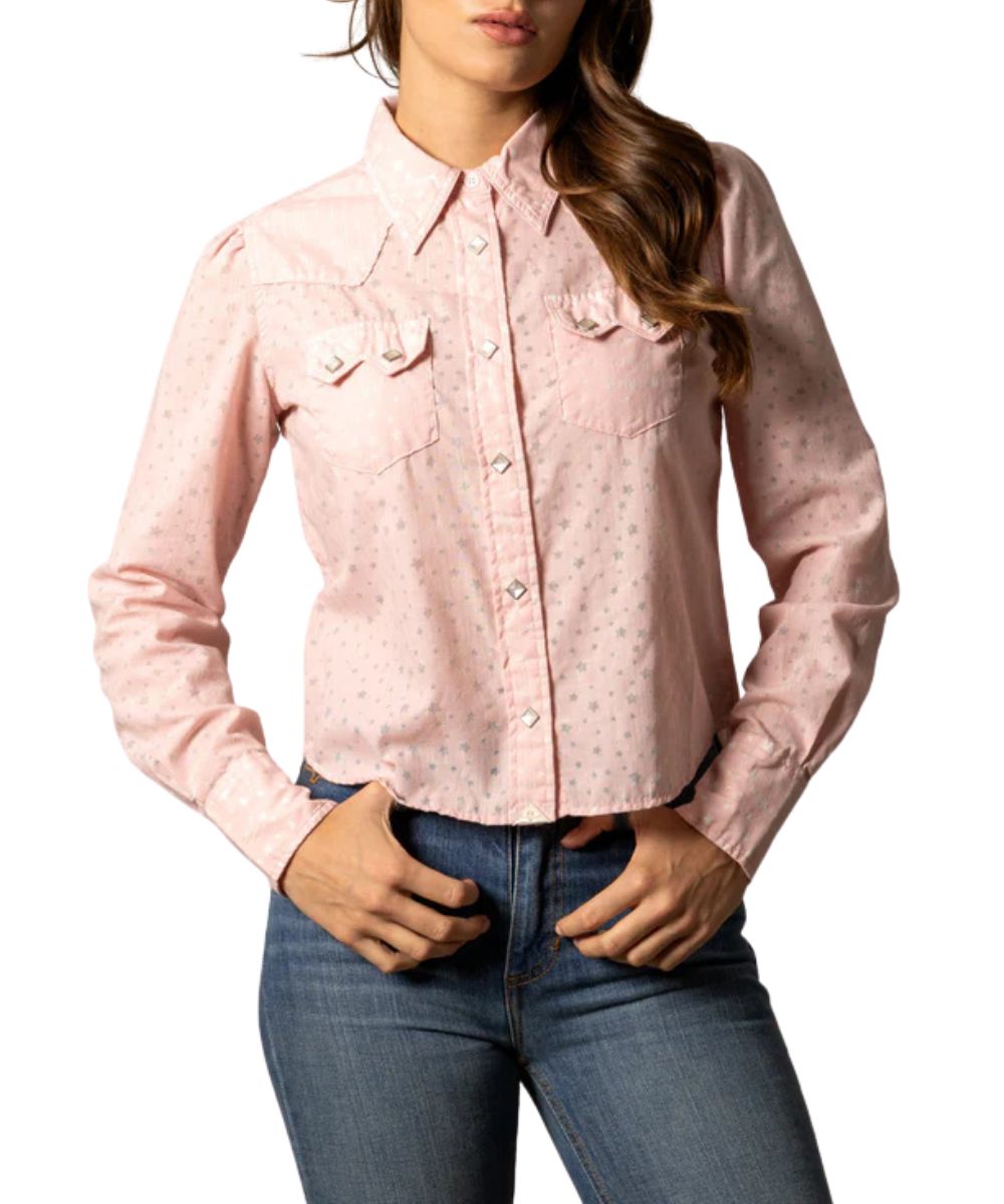 Women's Light Pink Geometric Star Western Snap Shirt Featuring Puff Shoulders, Diamond Shaped Pearl Snaps, And Sawtooth Snap Flap Chest Pockets