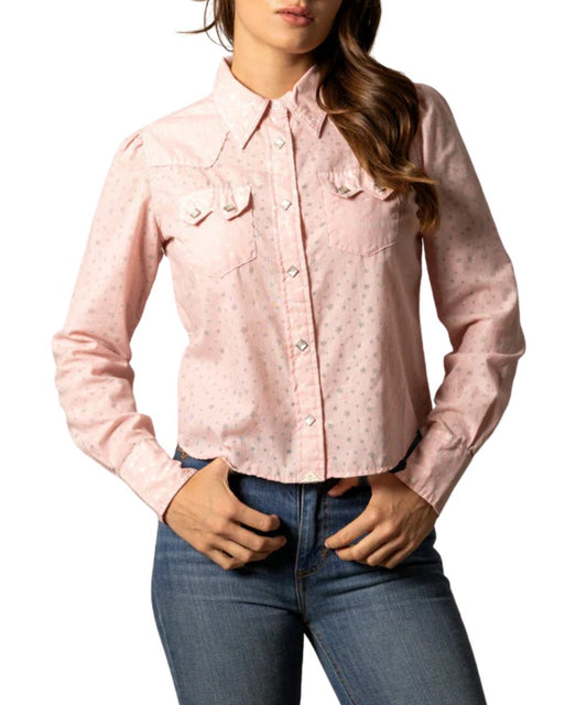 Women's Light Pink Geometric Star Western Snap Shirt Featuring Puff Shoulders, Diamond Shaped Pearl Snaps, And Sawtooth Snap Flap Chest Pockets