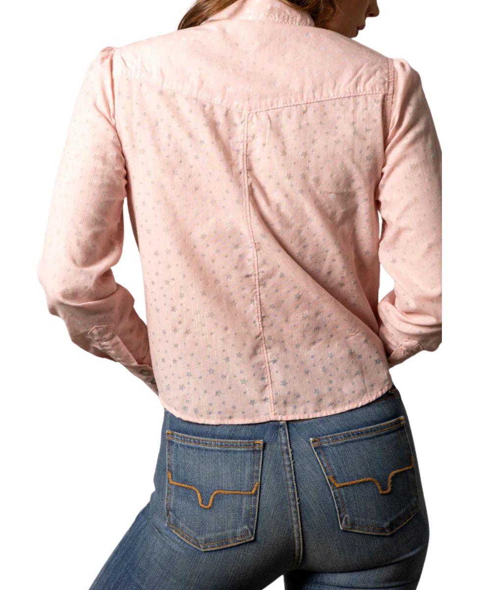 Back View Of The Women's Light Pink Western Snap Shirt Featuring Western Yokes