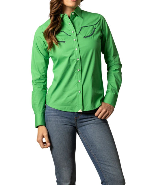 Women's Kelly Green Long Sleeve Western Pearl Snap Shirt With Piped Logo Longhorn Yokes And Faux Smile Chest Pockets