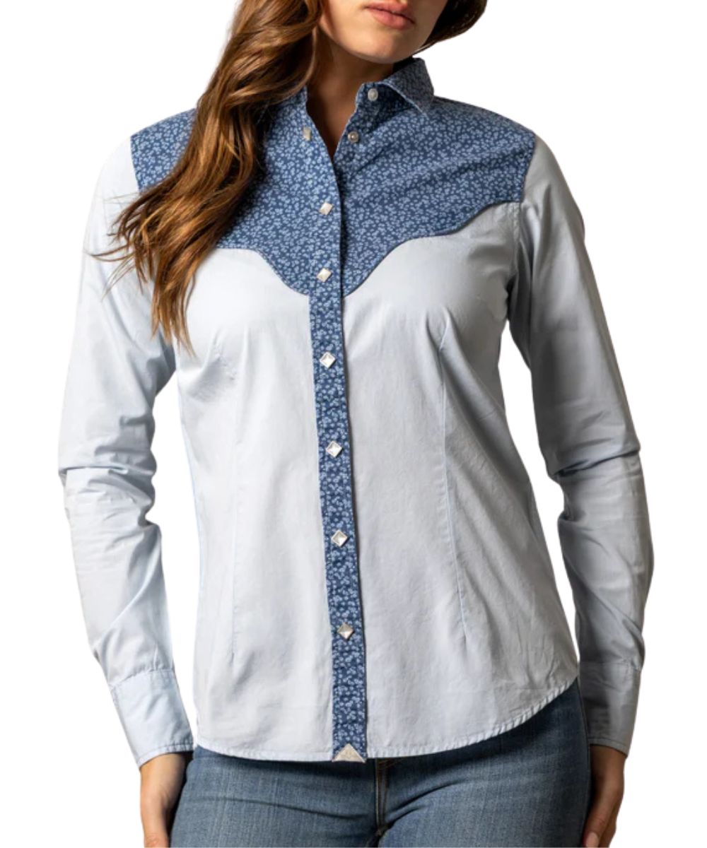 Women's Long Sleeve Western Pearl Snap Shirt With Blue Floral Color Blocked Yokes
