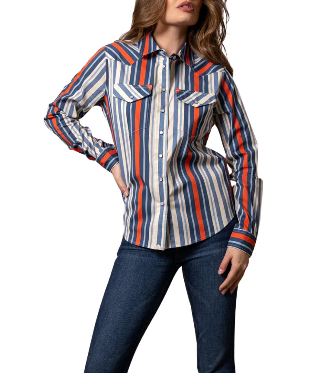 Women's Long Sleeve Western Snap Shirt Featuring Snap Flap Chest Pockets And A Bold Blue Striped Print