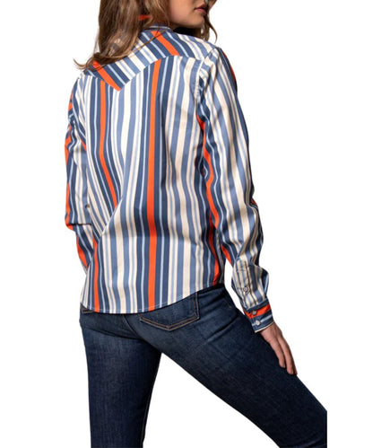Women's Long Sleeve Western Snap Shirt Featuring Single Point Western Yokes And A Bold Blue Striped Print
