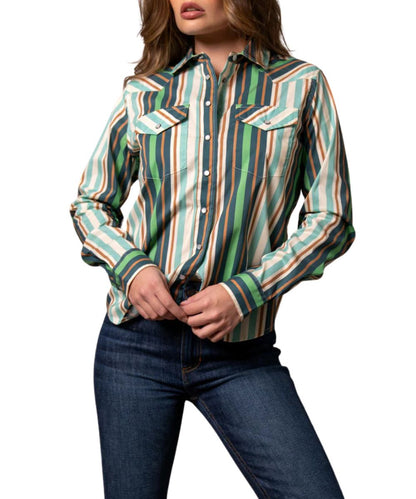 Women's Long Sleeve Western Snap Shirt Featuring Snap Flap Chest Pockets And A Bold Teal Striped Print