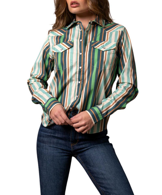 Women's Long Sleeve Western Snap Shirt Featuring Snap Flap Chest Pockets And A Bold Teal Striped Print