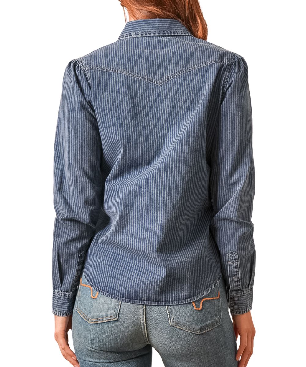 Back view of the women's indigo striped long sleeve pearl snap shirt featuring the classic fit, single point back yoke, and subtle gathering at the shoulders