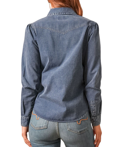 Back view of the women's indigo striped long sleeve pearl snap shirt featuring the classic fit, single point back yoke, and subtle gathering at the shoulders
