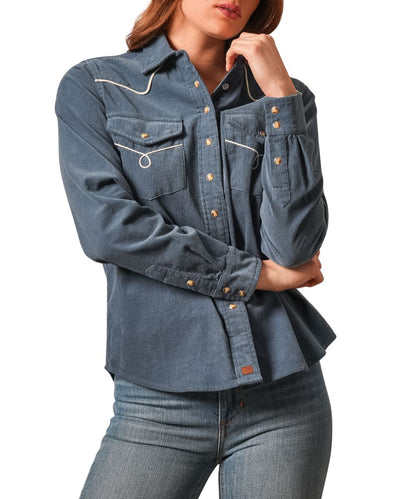Front view of the women's dark blue Kimes Ranch Lahi Snap Shirt featuring the blue velveteen fabric, tailored fit, spread collar, chest pockets, western yokes, pearl snaps, and contrast piping at the yokes and pockets