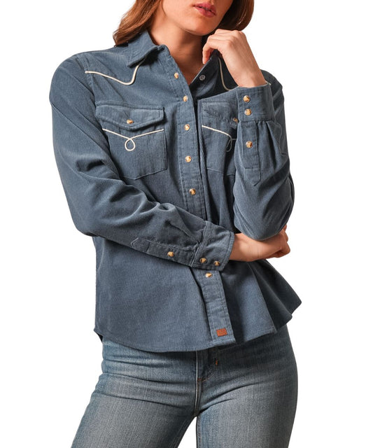 Front view of the women's dark blue Kimes Ranch Lahi Snap Shirt featuring the blue velveteen fabric, tailored fit, spread collar, chest pockets, western yokes, pearl snaps, and contrast piping at the yokes and pockets